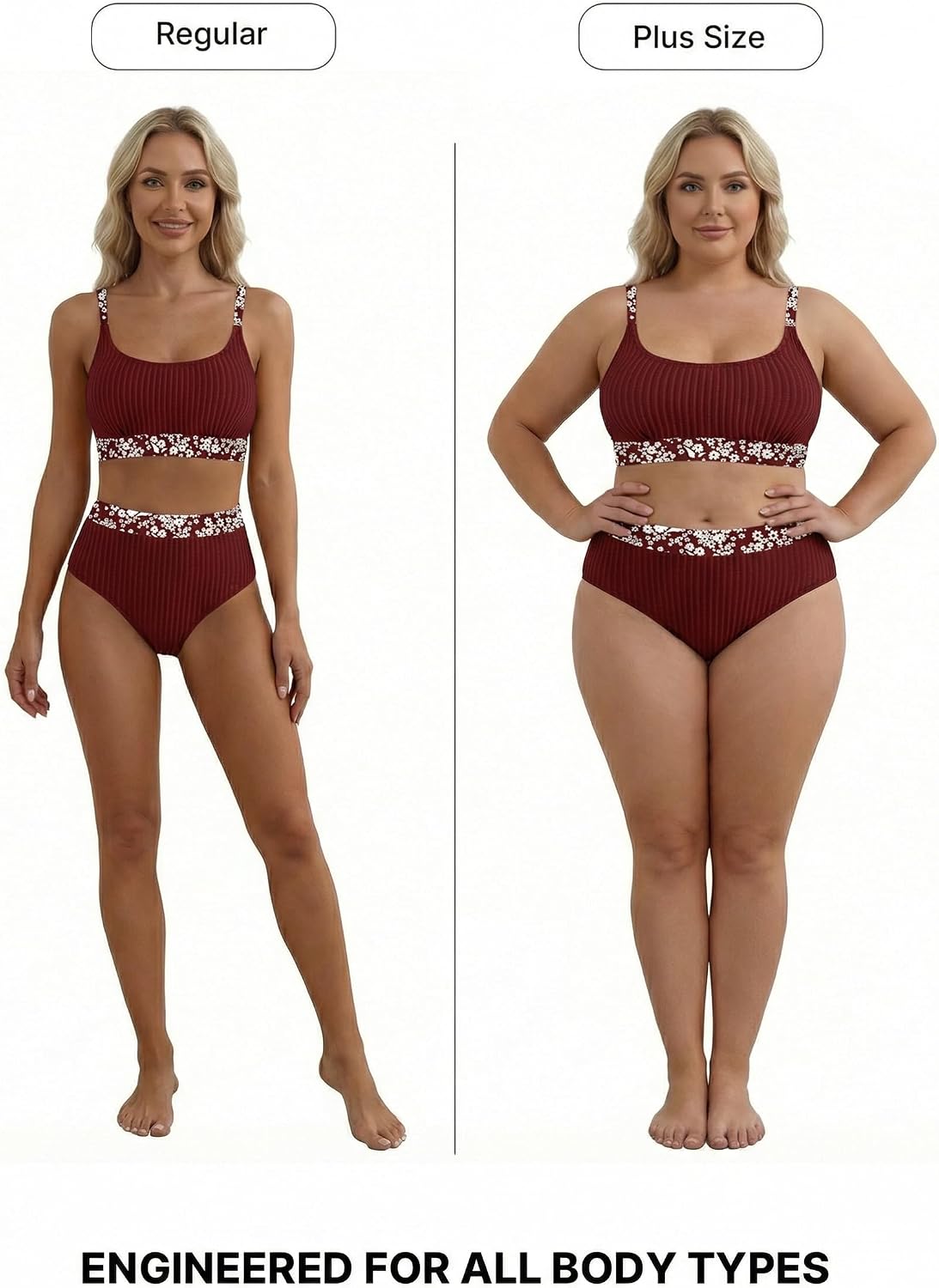 Detalle 2 de Herseas Women's Textured Floral Print High-Waisted Bikini Set with Trim Scoop Neck