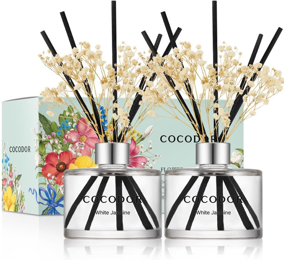 Detalle de Cocod'or White Jasmine Reed Diffuser Set, 200 ml, 2-Pack with Preserved Flower