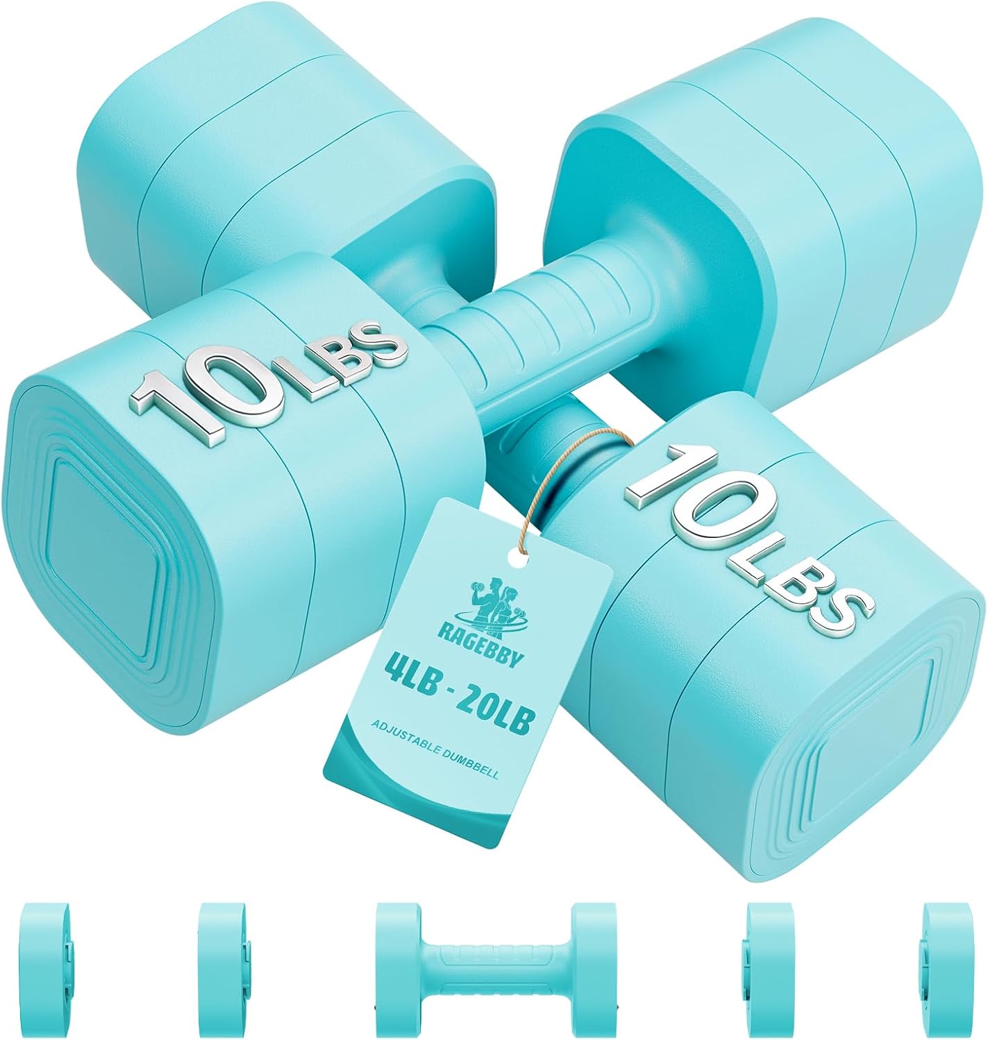 Detalle de Ragebby Adjustable Dumbbell Set of 2, Non-Slip Handles, Mint Blue