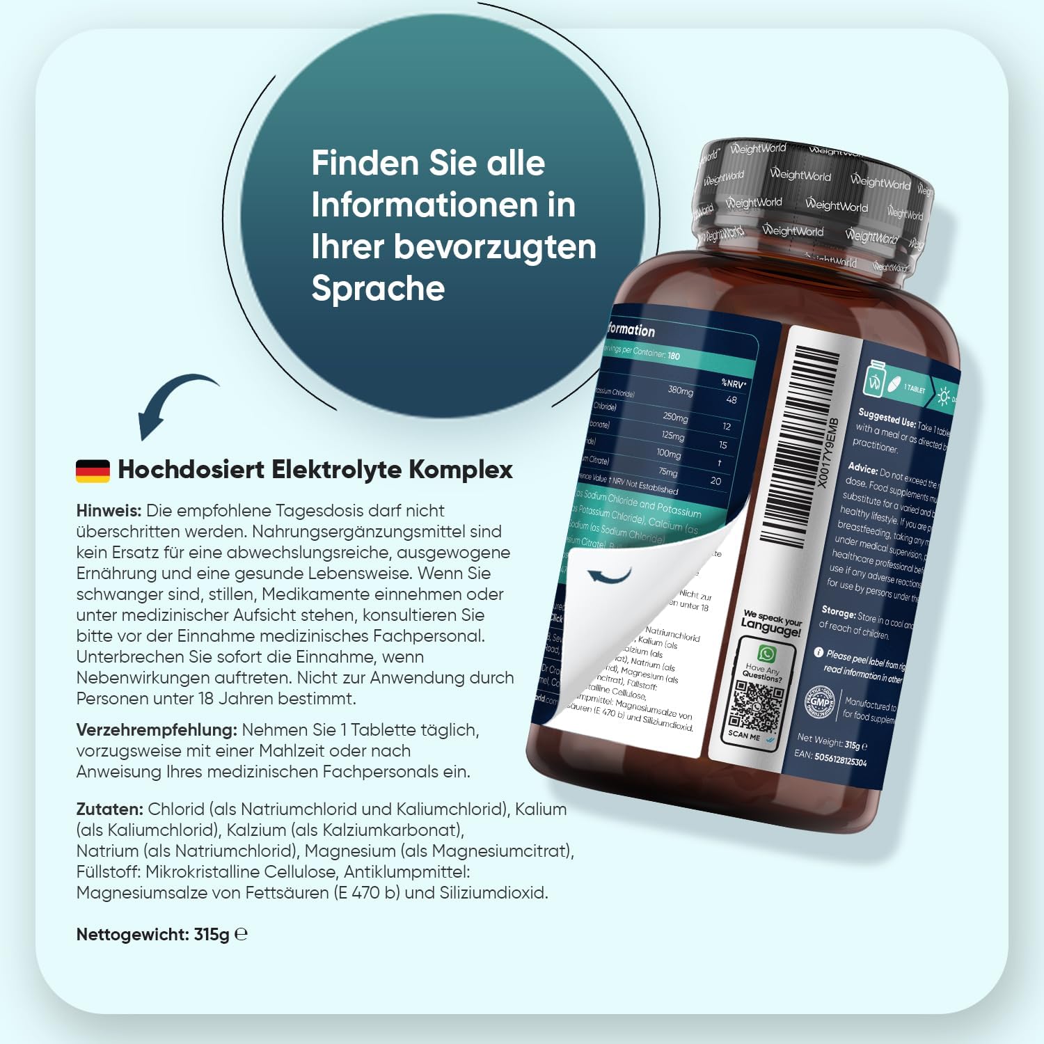 Thumbnail 3 de WeightWorld Elektrolyte Tabletten mit Magnesium, Kalzium, Kalium & Natrium – 180 vegane Tabletten