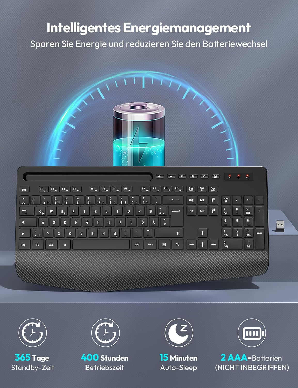 Detalle 1 de SABLUTE Kabellose Tastatur KN213 (Full-Size) mit Handballenauflage und Telefonhalter