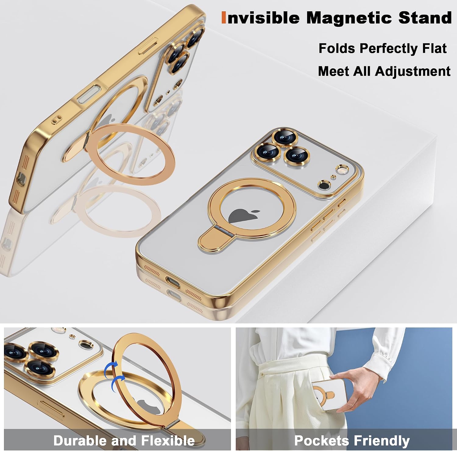 Detalle de ETPESOK Clear Case for iPhone 18 Pro, Gold Plating, Magnetic Ring Stand