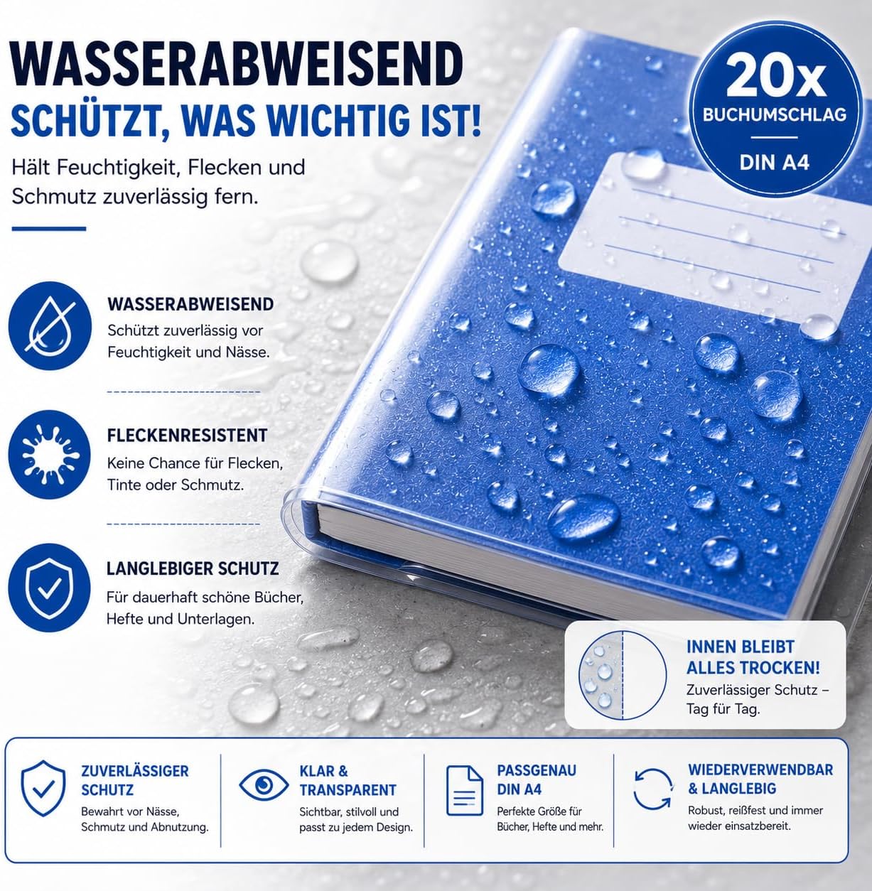 Detalle de 20x Klarer Buchumschlag DIN A4 – Schutzumschlag & Hefthülle für Bücher, Hefte & Notizbücher