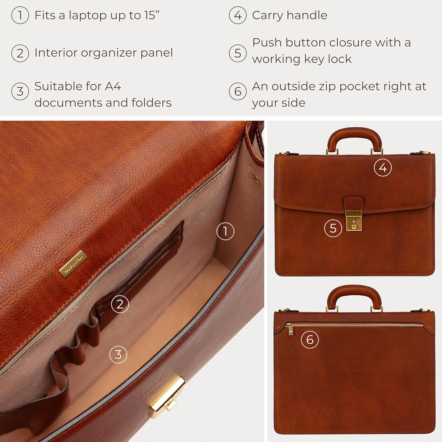 Thumbnail 5 de Time Resistance Full-Grain Leather Briefcase – Handmade Attache Case for Laptop