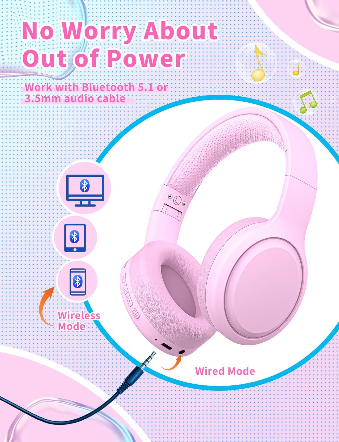 Thumbnail 1 de Xunpuls Kinder-Bluetooth-Kopfhörer (faltbar, kabellos) mit Mikrofon – Rosa