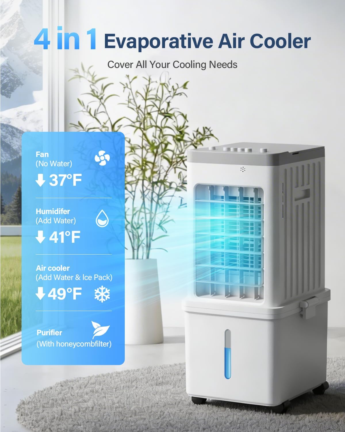 Thumbnail 4 de 12L Portable Air Conditioner Evaporative Air Cooler Fan (3 Speeds, 120° Oscillation) – Quiet 35dB, with Wheels