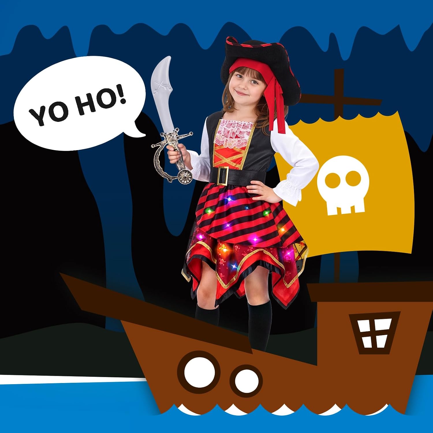 Thumbnail 3 de MELAND Pirate Costume Kids – Light-Up Fancy Dress (3–10 Years) for World Book Day and Adventures at Sea