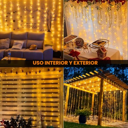 Detalle 1 de JTSIOV cortina de luces LED 3 × 2,7 m, 300 luces y 8 modos