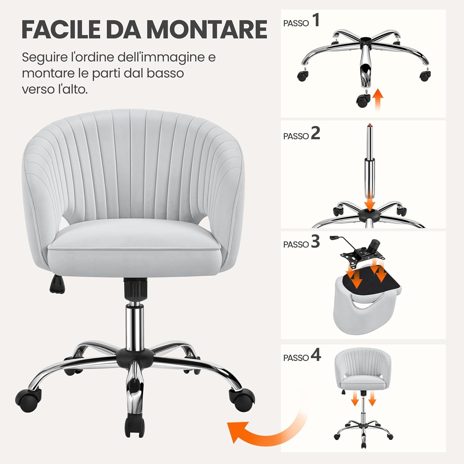 Detalle 2 de Yaheetech poltroncina ergonomica da ufficio in velluto, altezza regolabile e girevole a 360° (grigio chiaro)
