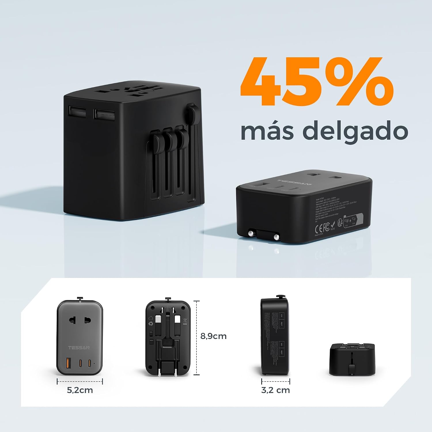 Detalle de TESSAN adaptador de enchufe universal de viaje con 1 USB A y 2 USB-C (plano y compacto)