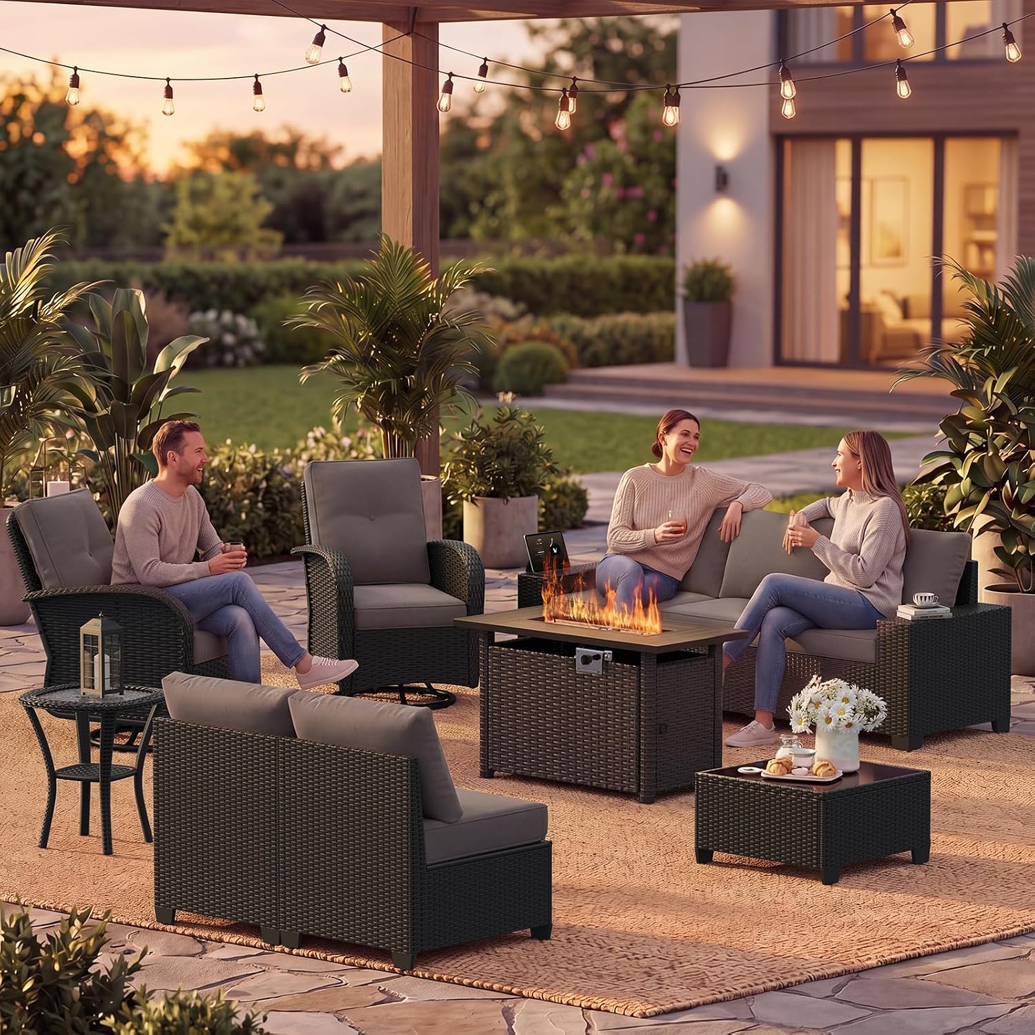 Detalle de LazySunsets G12039 10-Piece Patio Set with 44-Inch Fire Pit and Swivel Rockers