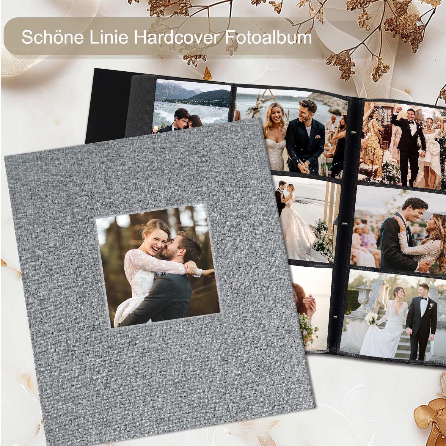 Detalle 2 de Miaikoe Fotoalbum 10x15 – Großes 600-Fotos-Leinenalbum mit Slip-in, 60 Blatt, 120 Seiten, Grau