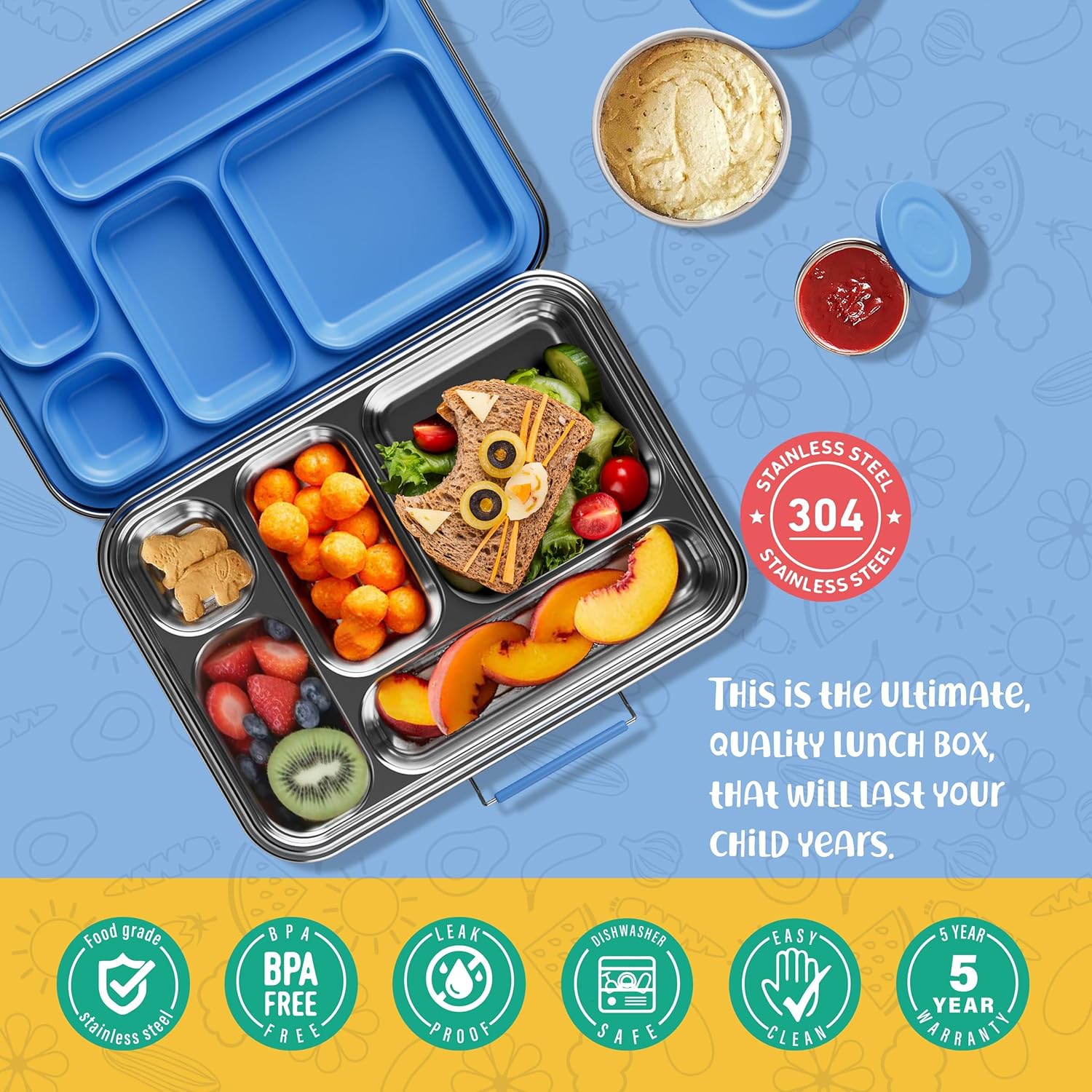 Thumbnail 2 de AOHEA Stainless Steel Kids Bento Box (BPA-Free, 304 Stainless Steel) with 5 Compartments