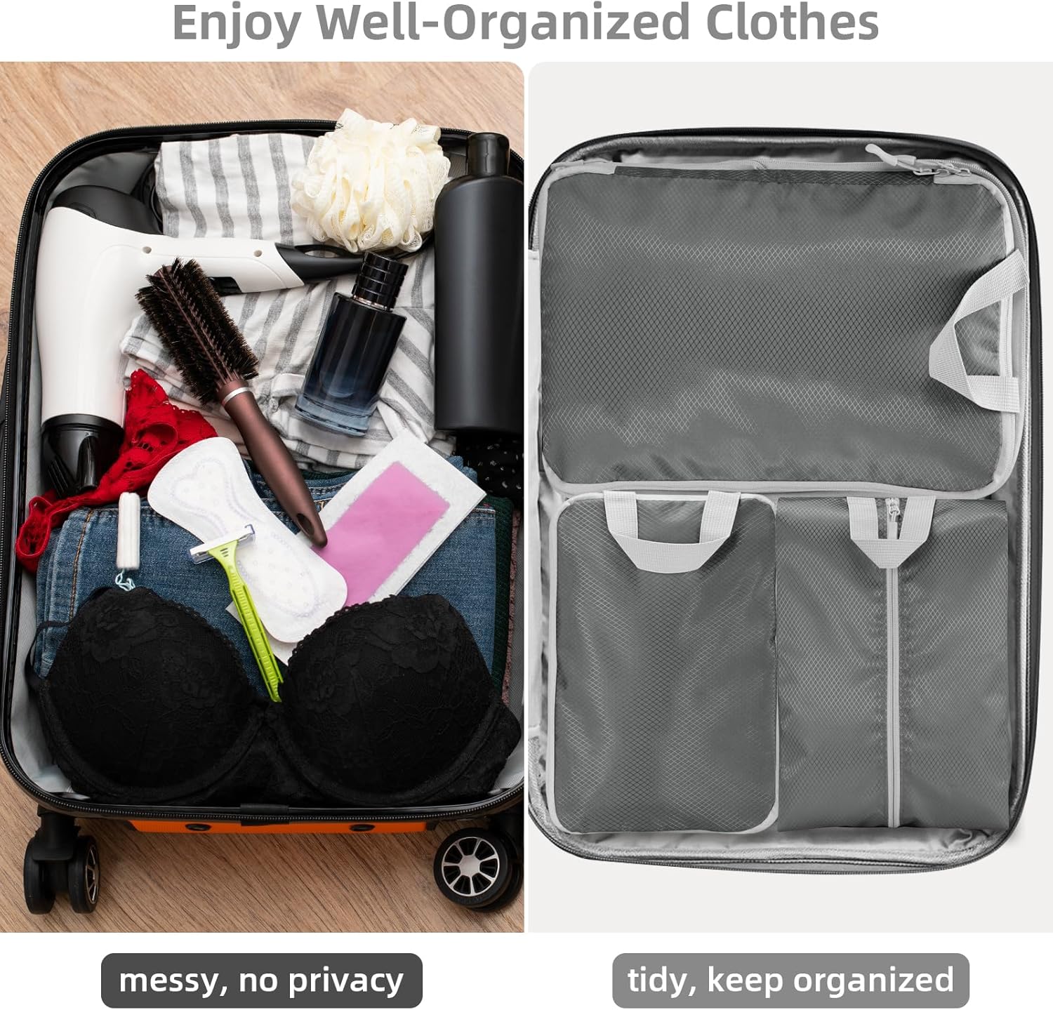Thumbnail 5 de Compression Packing Cubes, Travel Storage Bag & Suitcase Organizer Bags (Grey) – Set of 7
