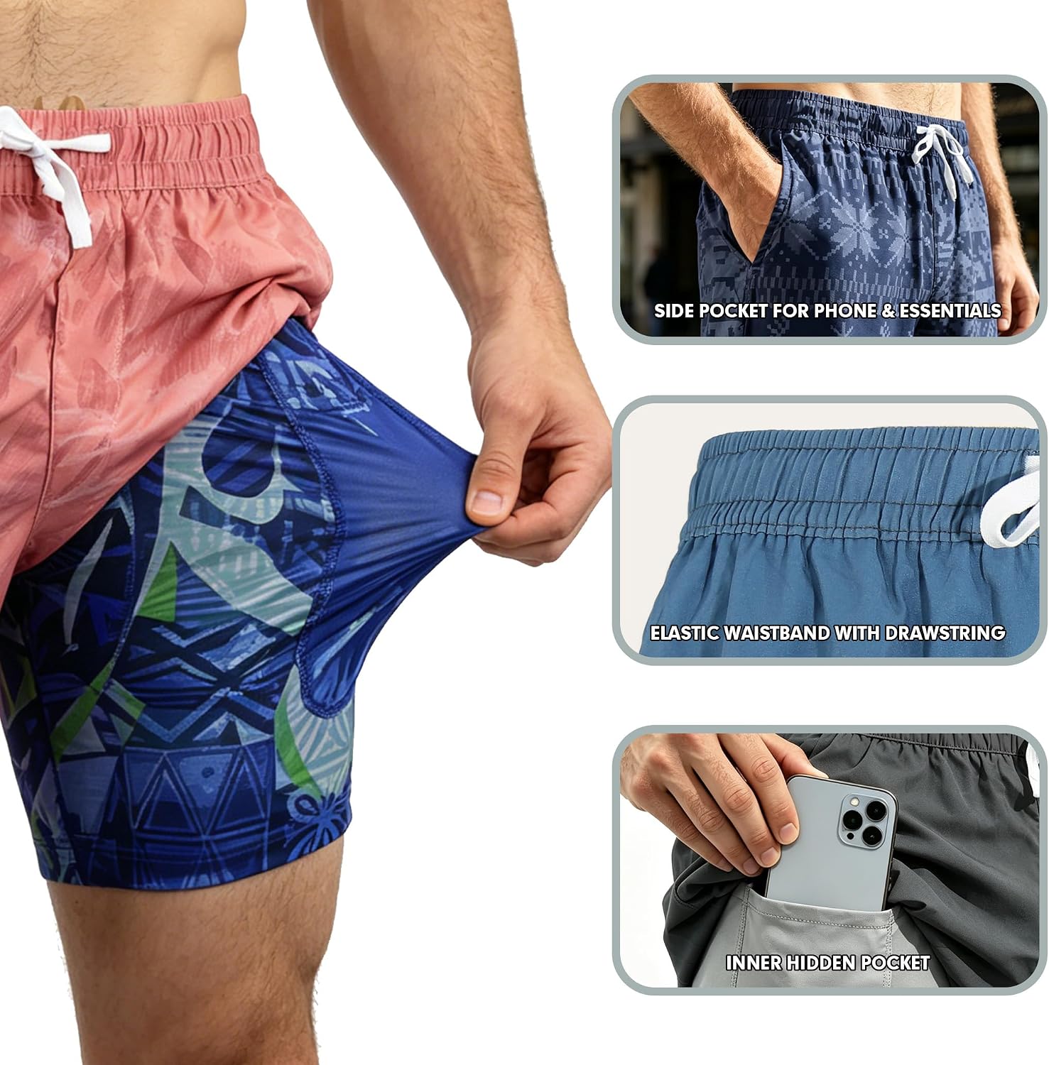 Detalle de HomDesk Men's Hawaiian Swim Trunks, 6-Inch Inseam, Quick-Dry 2-in-1