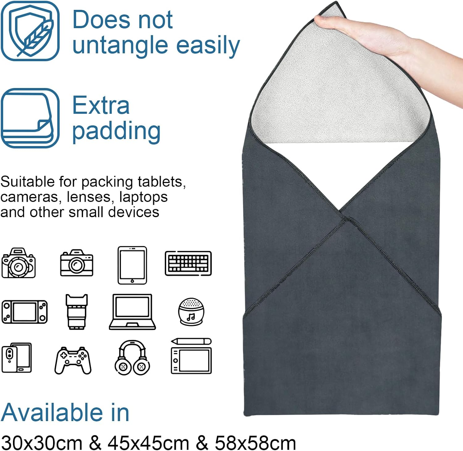 Thumbnail 5 de ComfortAce Protective Wrap Magic Stick-it Lens Camera Wrapper Cloth (58x58cm) – Anti-scratch travel organiser, Grey