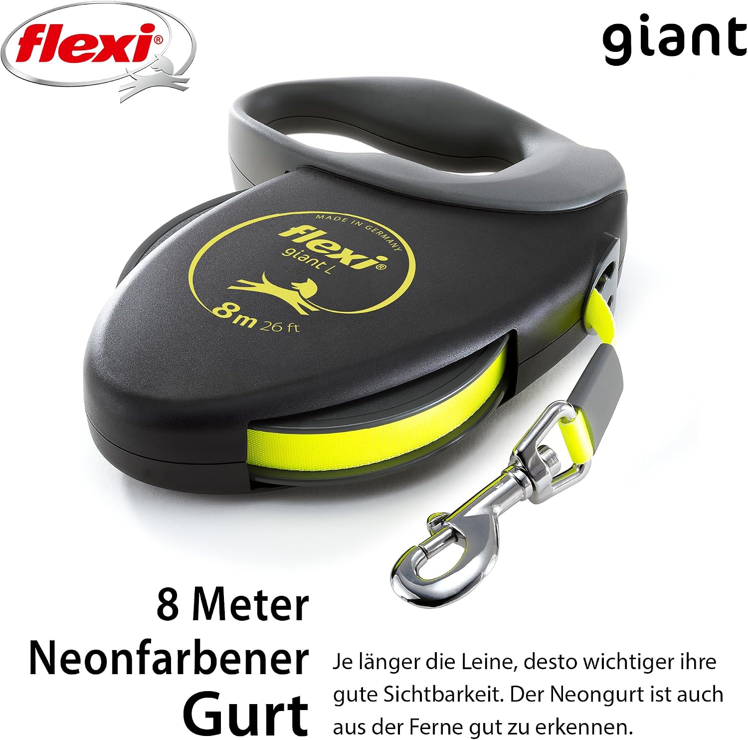 Detalle de flexi Giant L Hundeleine, 8 m Gurt – schwarz/neon-gelb