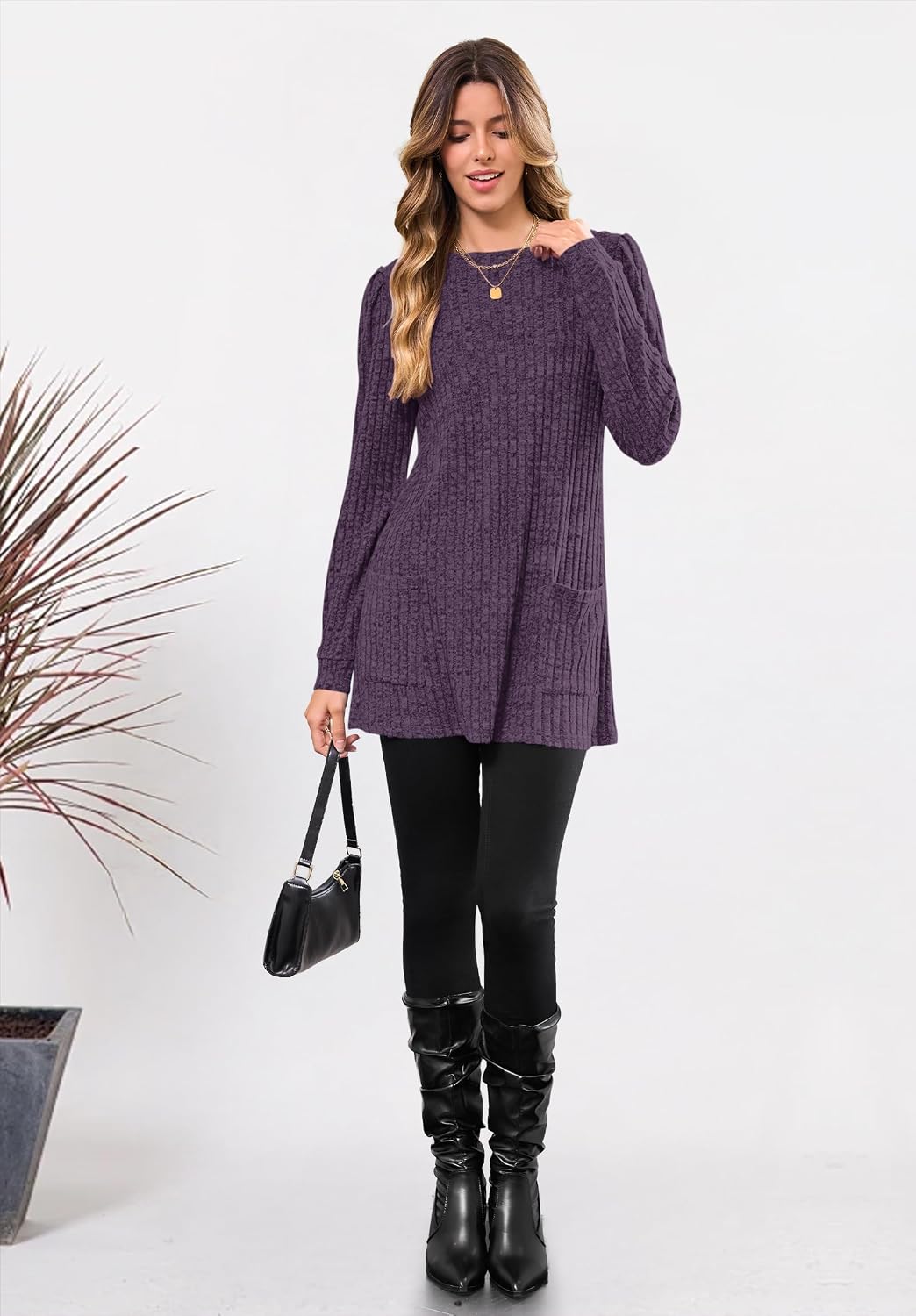 Detalle 2 de WNEEDU Sweater Dress for Women, Striped Long-Sleeve Tunic with Pockets