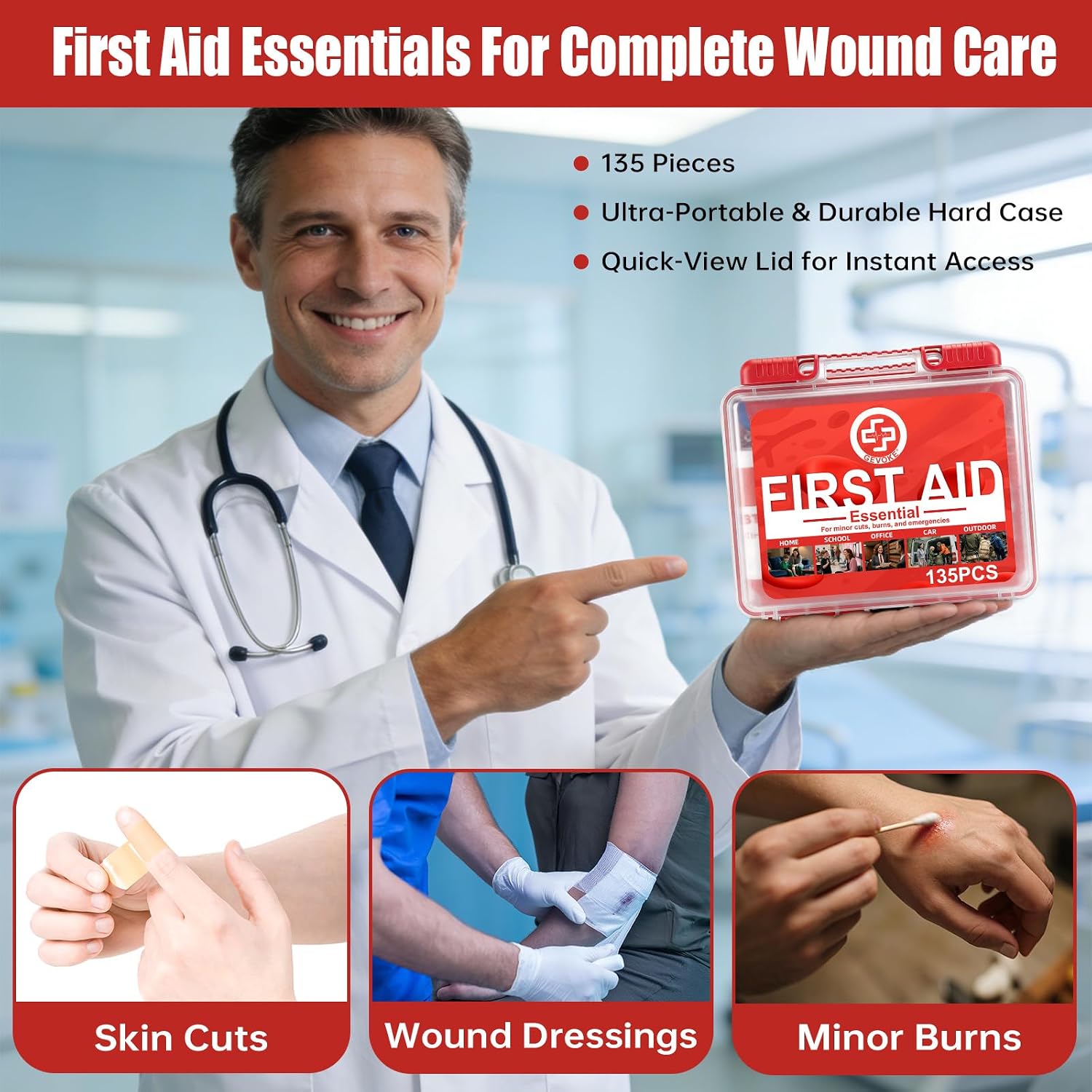 Thumbnail 3 de Gevoke Mini 135-Piece First Aid Kit (HardCase) — Compact, Ready-to-Use Medical Kit for Home, Travel, Car, and Outdoor Adventures