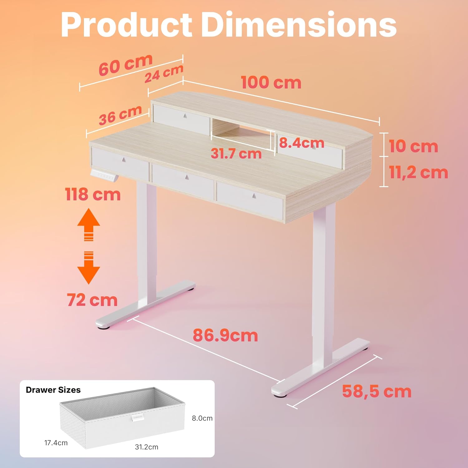 Thumbnail 1 de HUANUO 100 x 60cm Small Standing Desk with Drawers