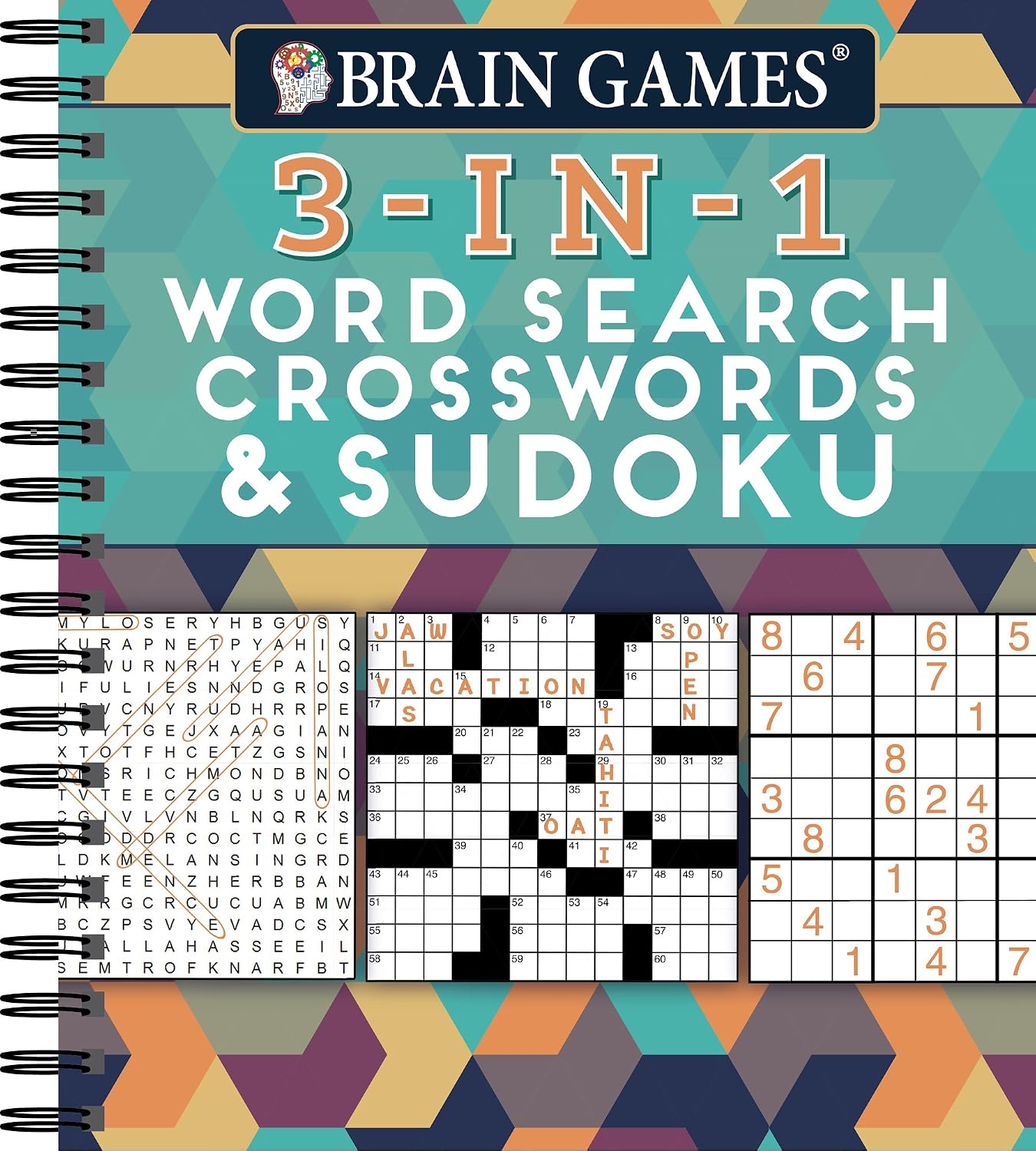 Imagen de Brain Games 3-In-1 Puzzle Book: Word Search, Crosswords & Sudoku, Spiral-Bound en OfertitasTOP