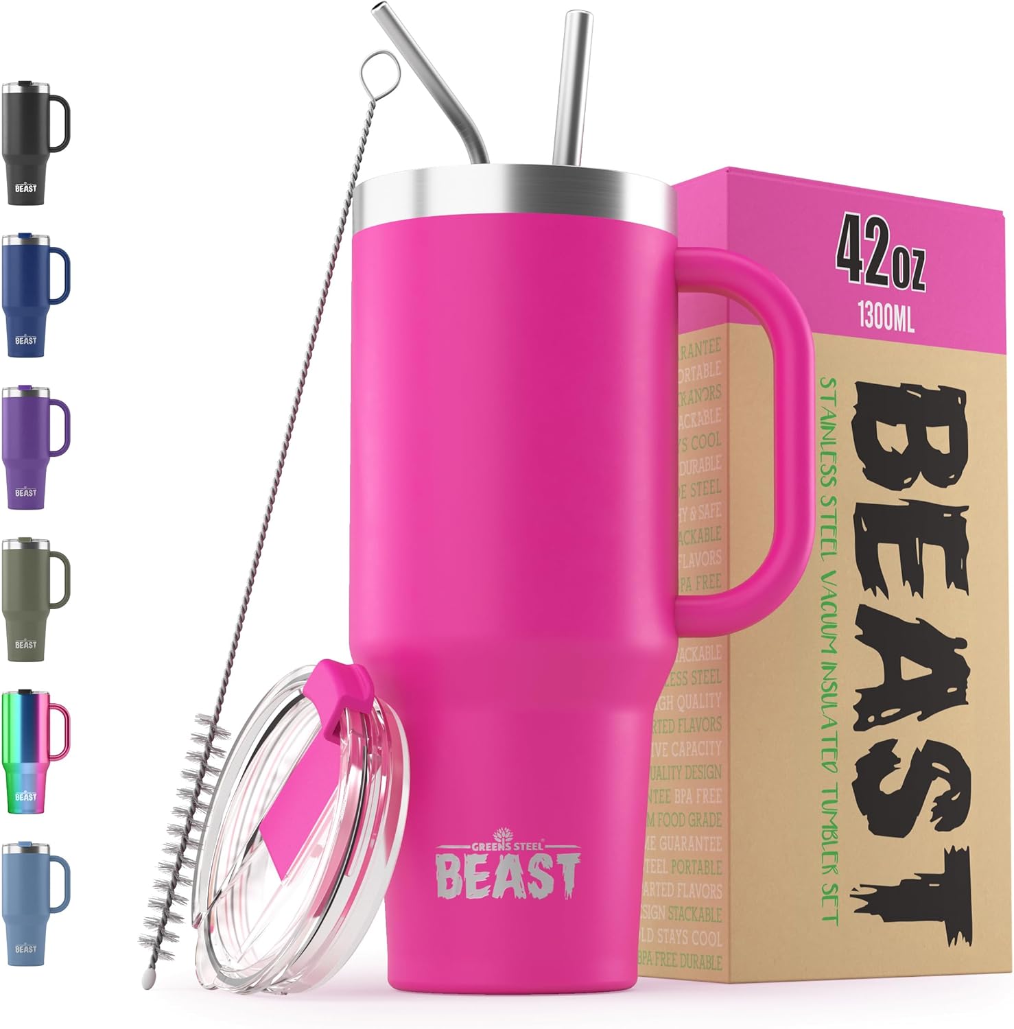 Detalle de Beast Tumbler with Handle - 1300 ml (42 oz) in Cup Cake Pink: Durable Stainless Steel Travel Mug with Leak-Proof Lid