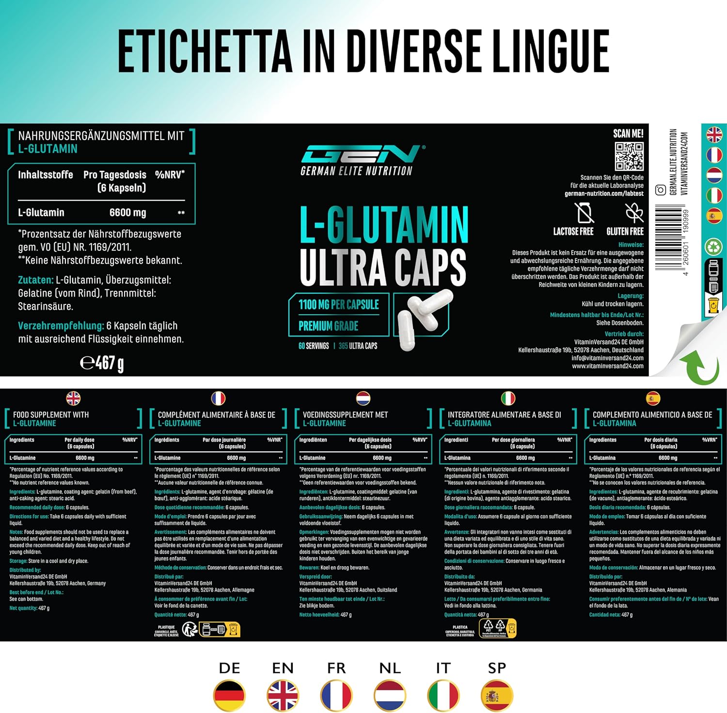 Detalle 2 de L-glutammina Ultra Caps (365 capsule da 1100 mg) – L-glutammina pura in capsule ad alto dosaggio