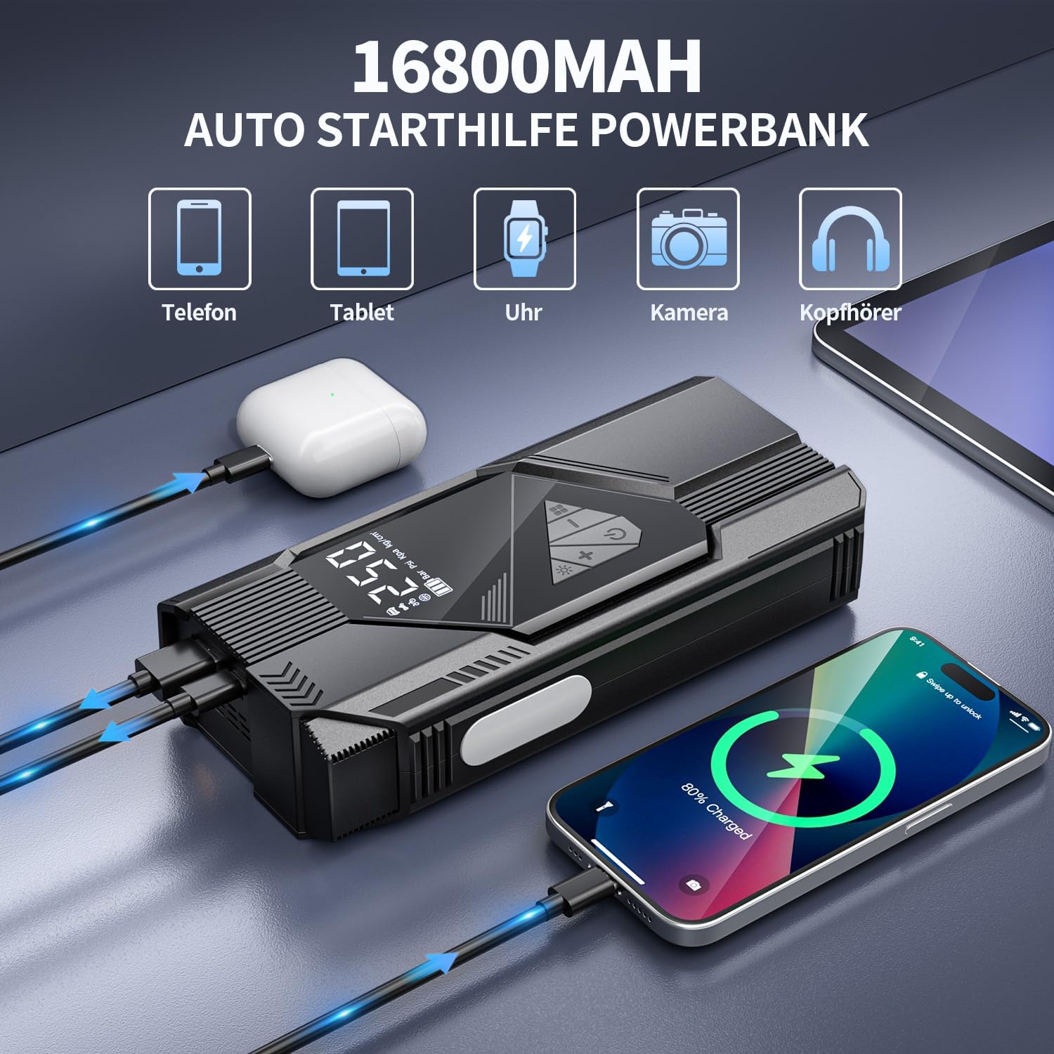 Detalle 2 de FINIBO Starthilfe Powerbank für PKW – 6000A Jump Starter mit LCD Display