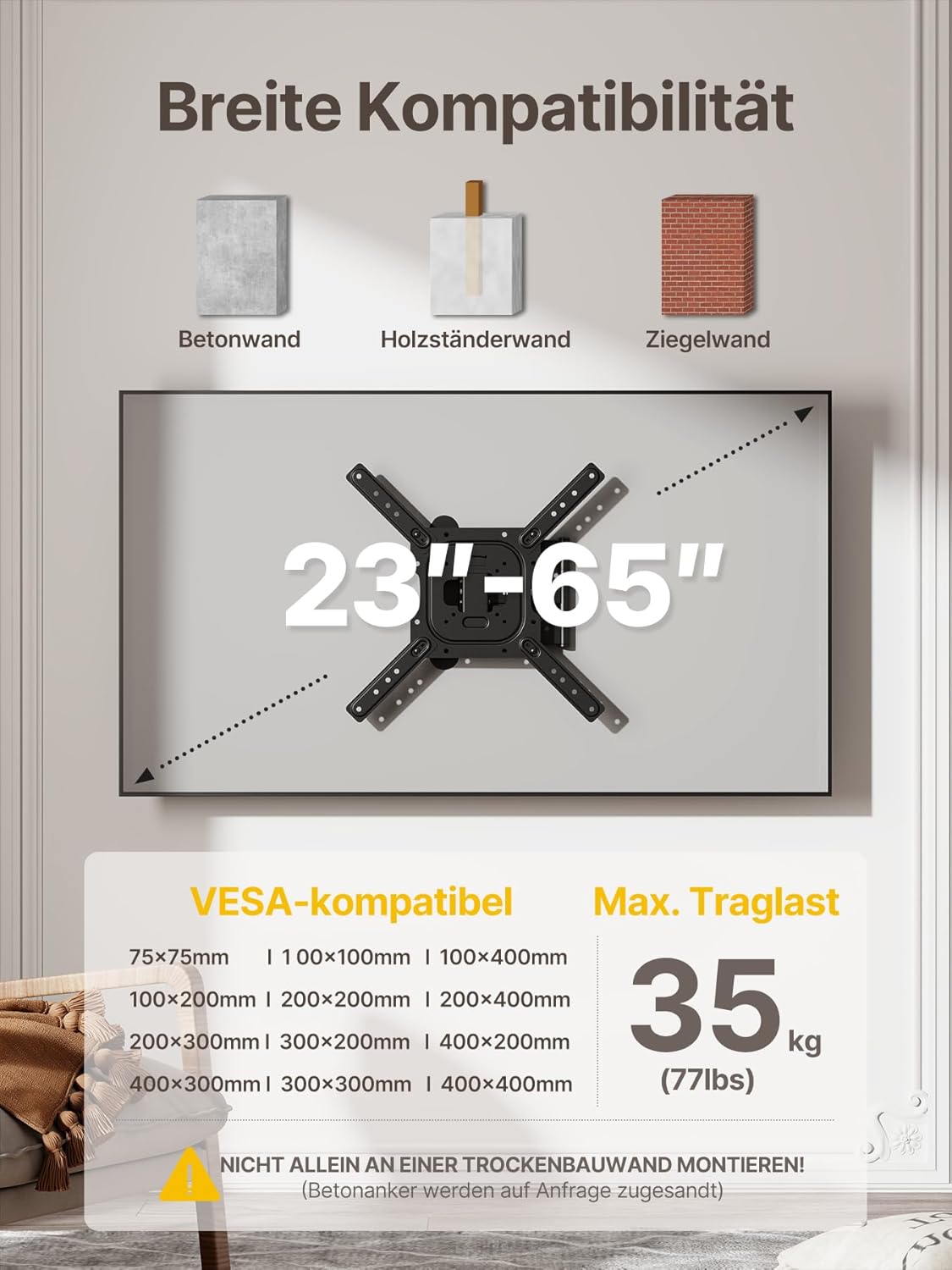 Thumbnail 1 de monTEK TV Wandhalterung 23–65 Zoll – schwenkbar, neigbar, 423 mm Auszug, VESA bis 400x400 mm