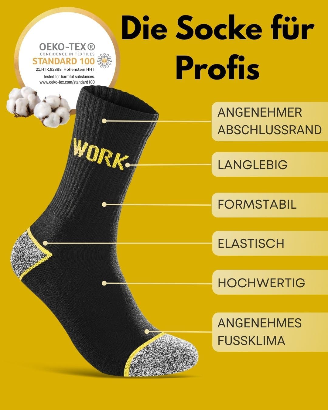 Detalle 2 de Premium Arbeitssocken Herren WORK (5 Paar) – verstärkt, gepolsterte Sohle, Komfortbund ohne drückende Naht