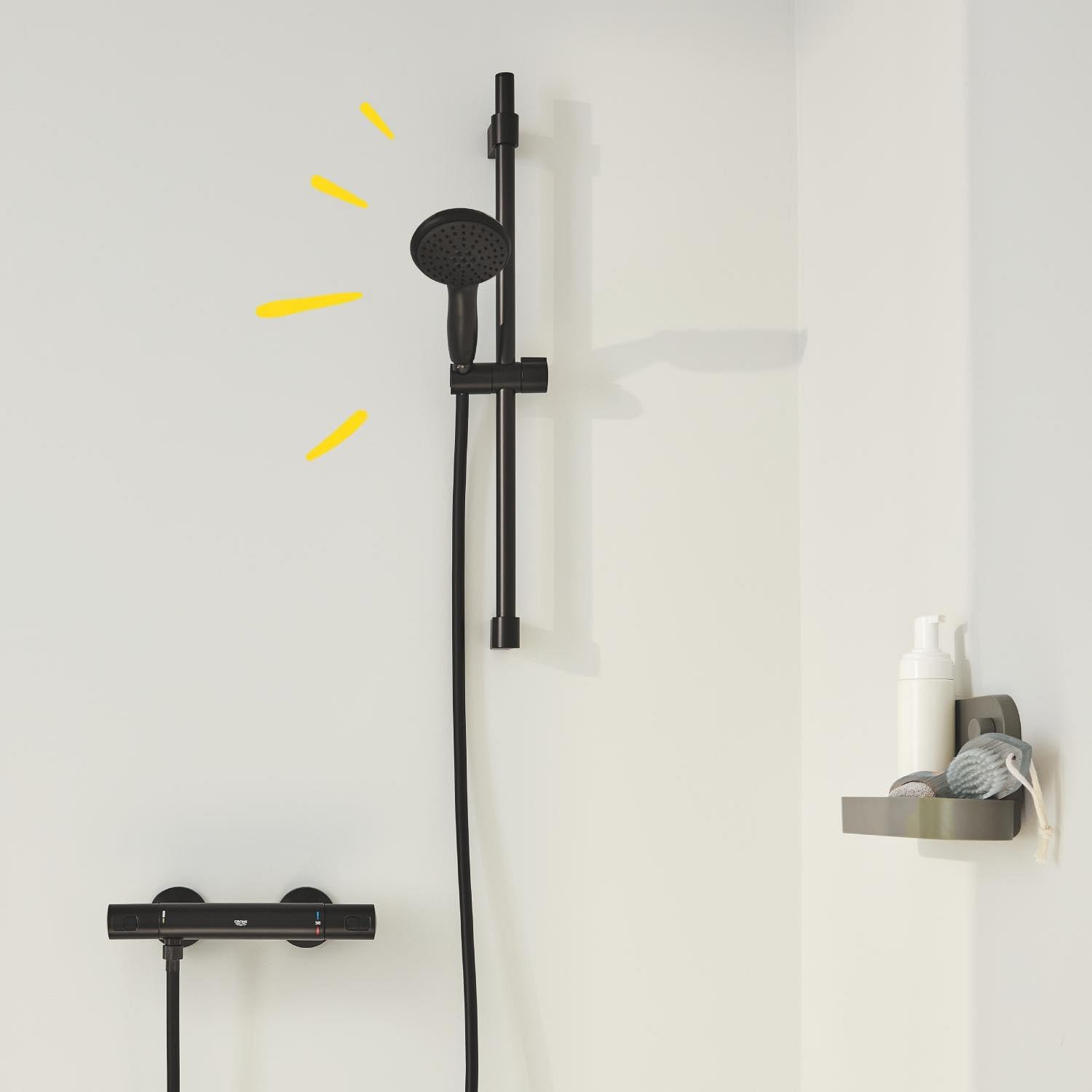 Thumbnail 1 de GROHE Precision Start Ensemble Douche avec Thermostatique – Pommeau Rond 11 cm, Flexible 1,75 m et Barre 60 cm (Noir Mat) – Économie d’Eau