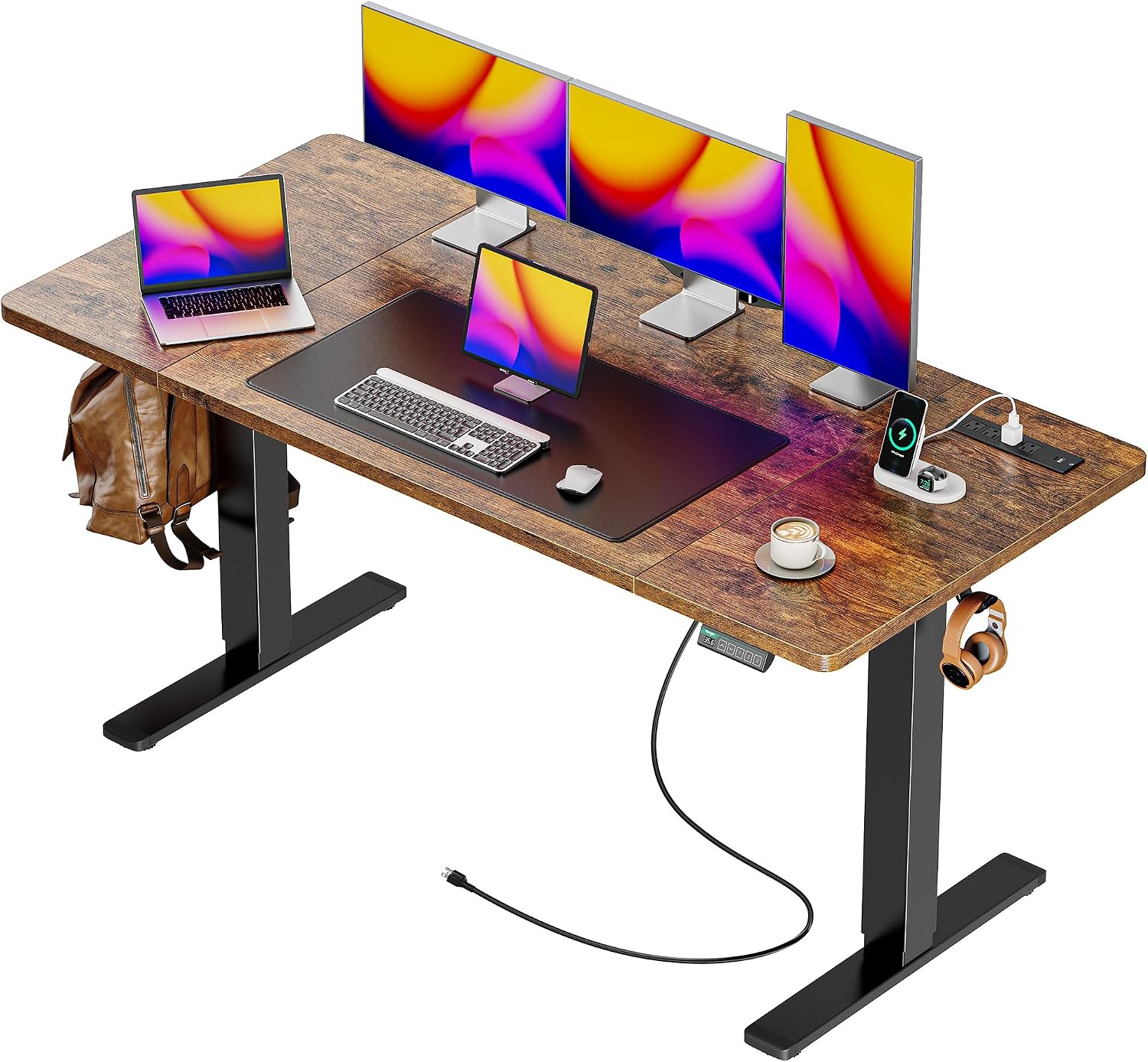 Detalle de Huuger 55 x 27.6 Large Electric Standing Desk with 4 Outlets, USB-C & Height Presets – Rustic Brown