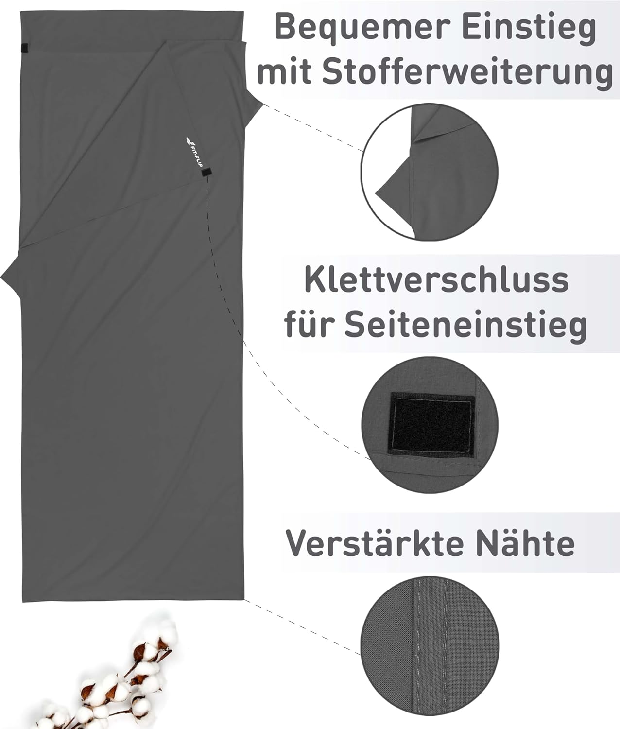 Thumbnail 2 de Fit-Flip Hüttenschlafsack aus Baumwolle oder Mikrofaser – ultraleichter Innenschlafsack mit Kissenfach