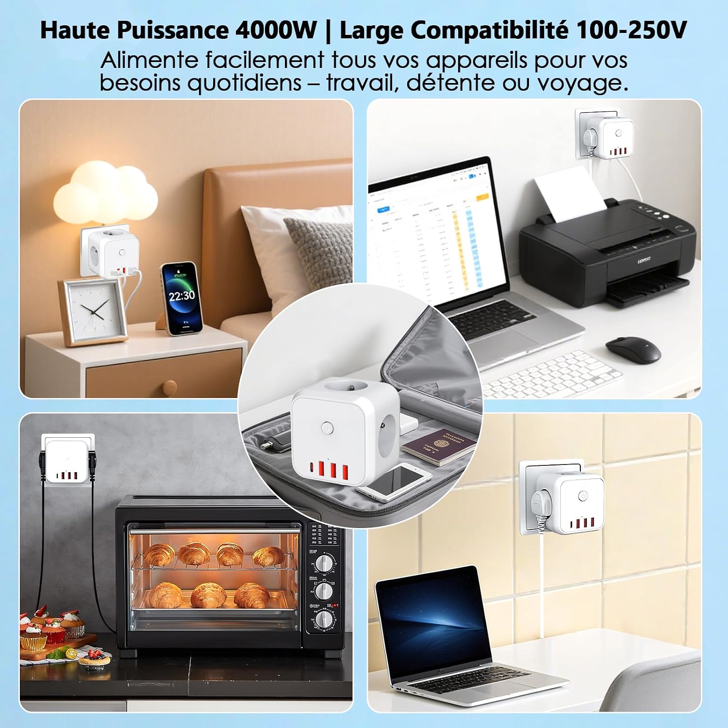 Detalle 2 de Multiprise Murale 7 en 1 – Prise Secteur avec 3 Prises Française et 4 ports USB (USB-C + USB-A) – Cube mural compact
