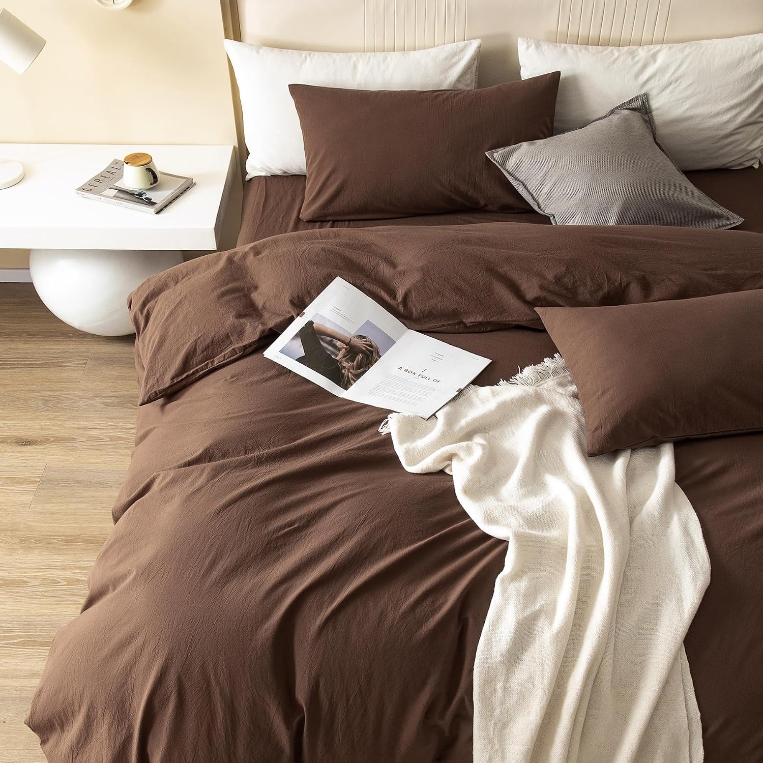 Detalle de JIYUAN Queen Washed Cotton Duvet Cover Set, 3-Piece with Hidden Zipper and 8 Corner Ties