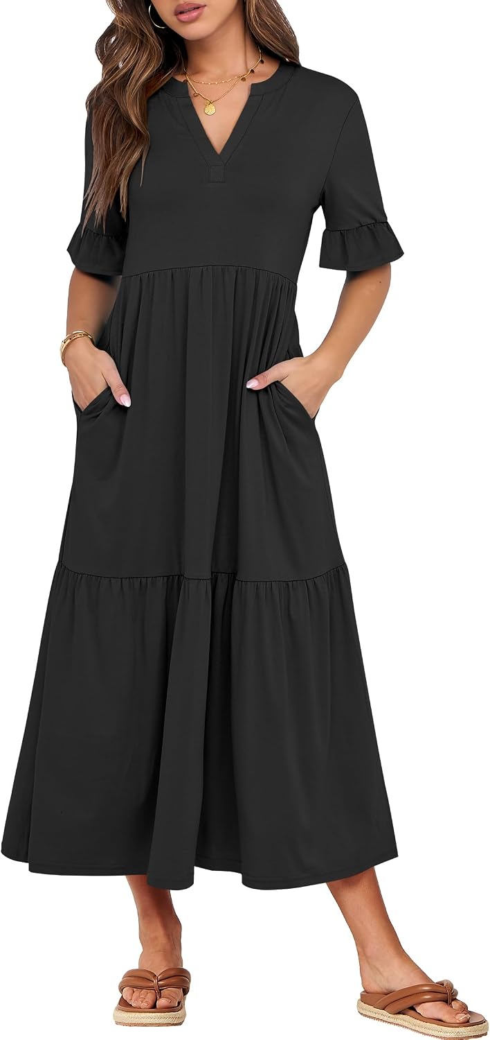 Detalle de ANRABESS Women's Summer Maxi Dress: Boho-Chic Tiered V-Neck with Pockets