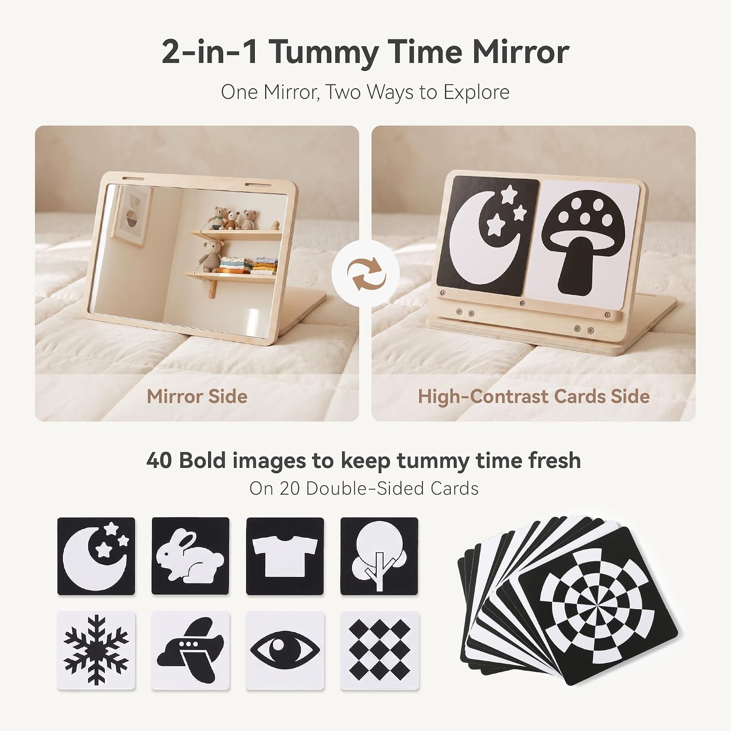 Detalle de IEATFO Tummy Time Play Set: Adjustable Mirror, Double-Sided Cards & Montessori-Style Stand