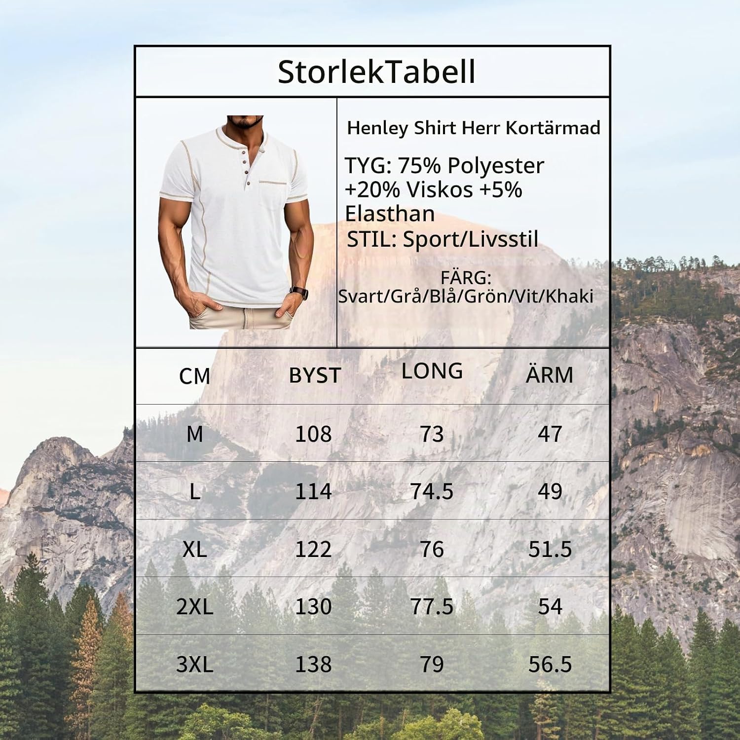 Detalle de LAOARA T-shirt för män med tunisisk krage, knappar och kort ärm, M–3XL