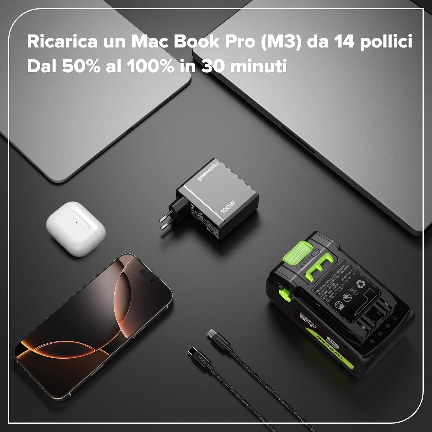 Detalle de Greenworks Caricatore USB‑C rapido 100W con 3 porte PPS – Compatibilità Ampia e Design Compatto