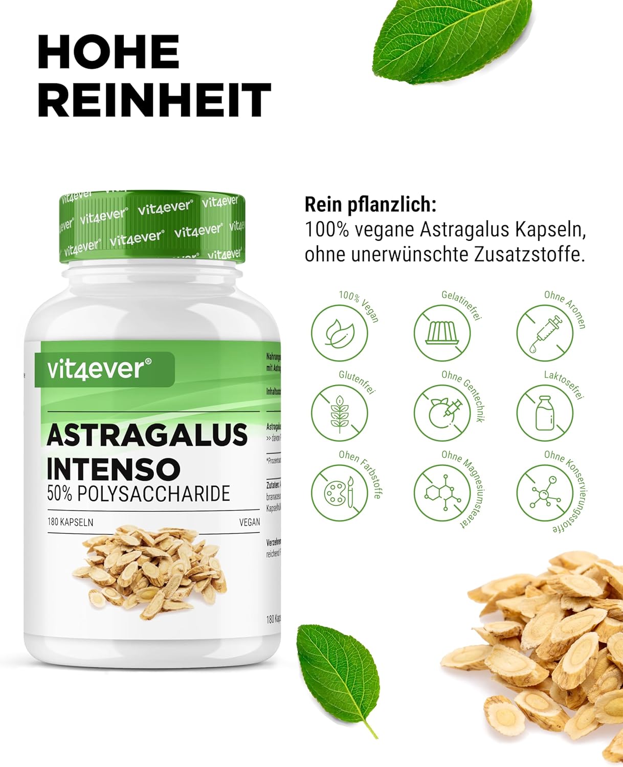 Detalle de vit4ever Astragalus 1400 mg reinem Extrakt pro Tag – 180 Kapseln (vegan)