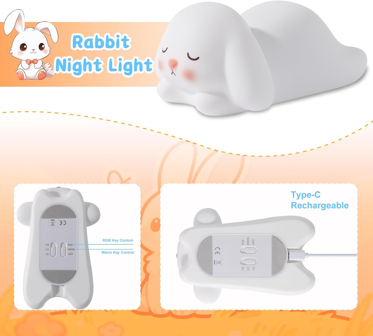Detalle de ZKLiLi mignon lapin en silicone pour enfants : veilleuse tactile USB (7 variations de couleur)