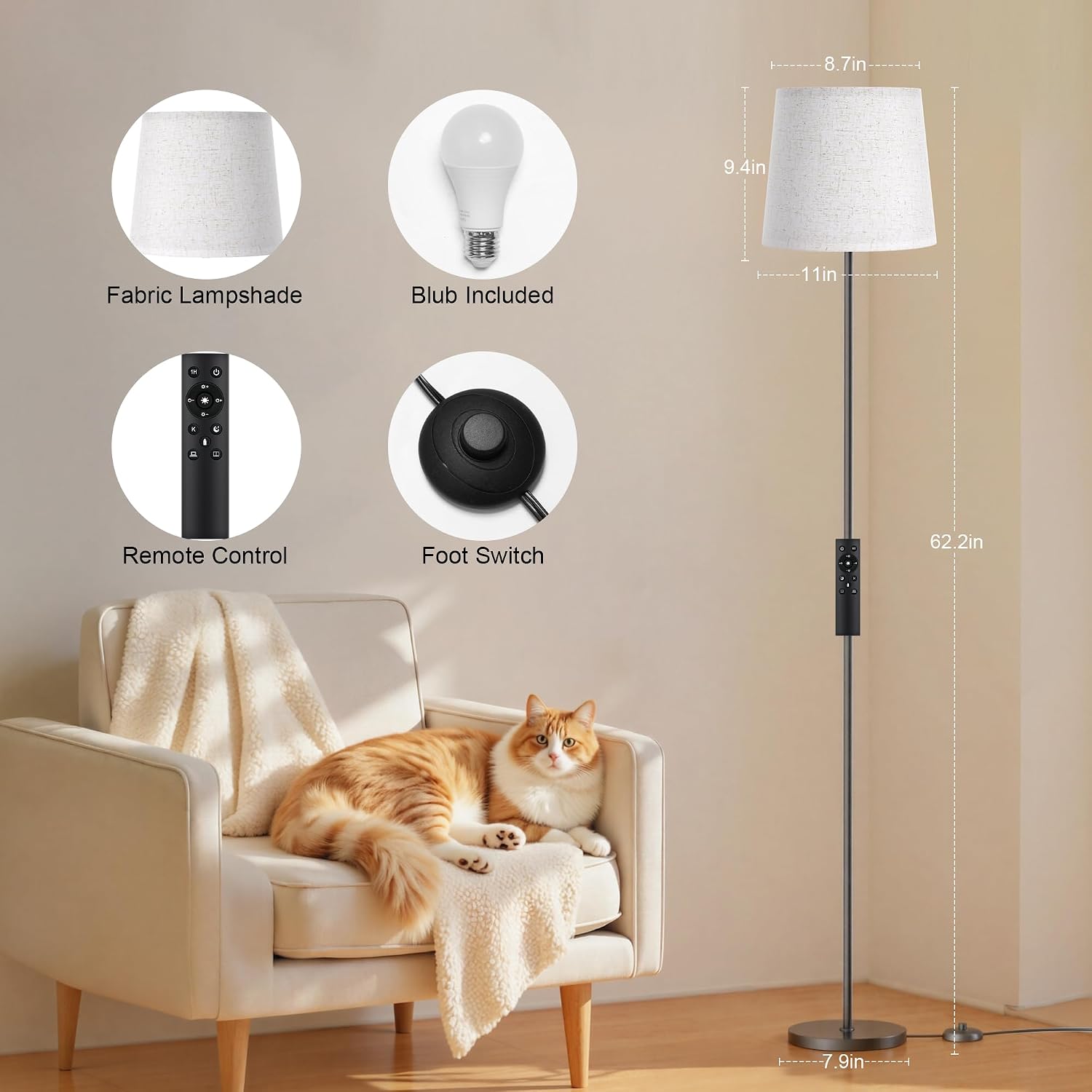 Detalle 2 de SIBRILLE 9W LED-Stehlampe mit Dimmer und Leinen-Schirm