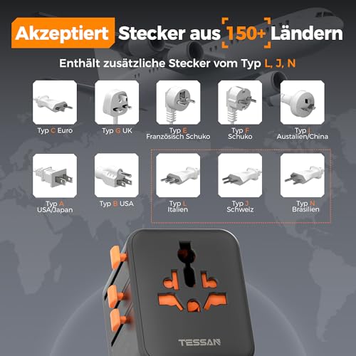 Thumbnail 6 de TESSAN Reiseadapter Weltweit mit 2 USB-A und 2 USB-C - Schwarz