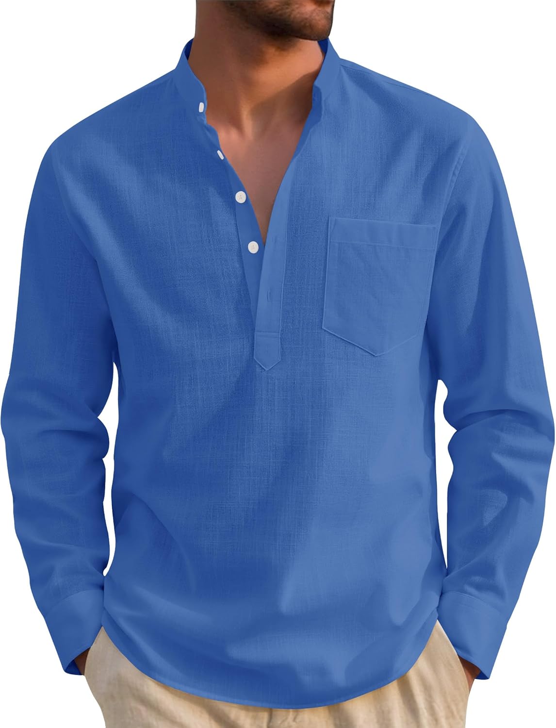 Detalle de J.VER Hemd Herren – Baumwolle-Leinen-Henley Langarm im Regular Fit