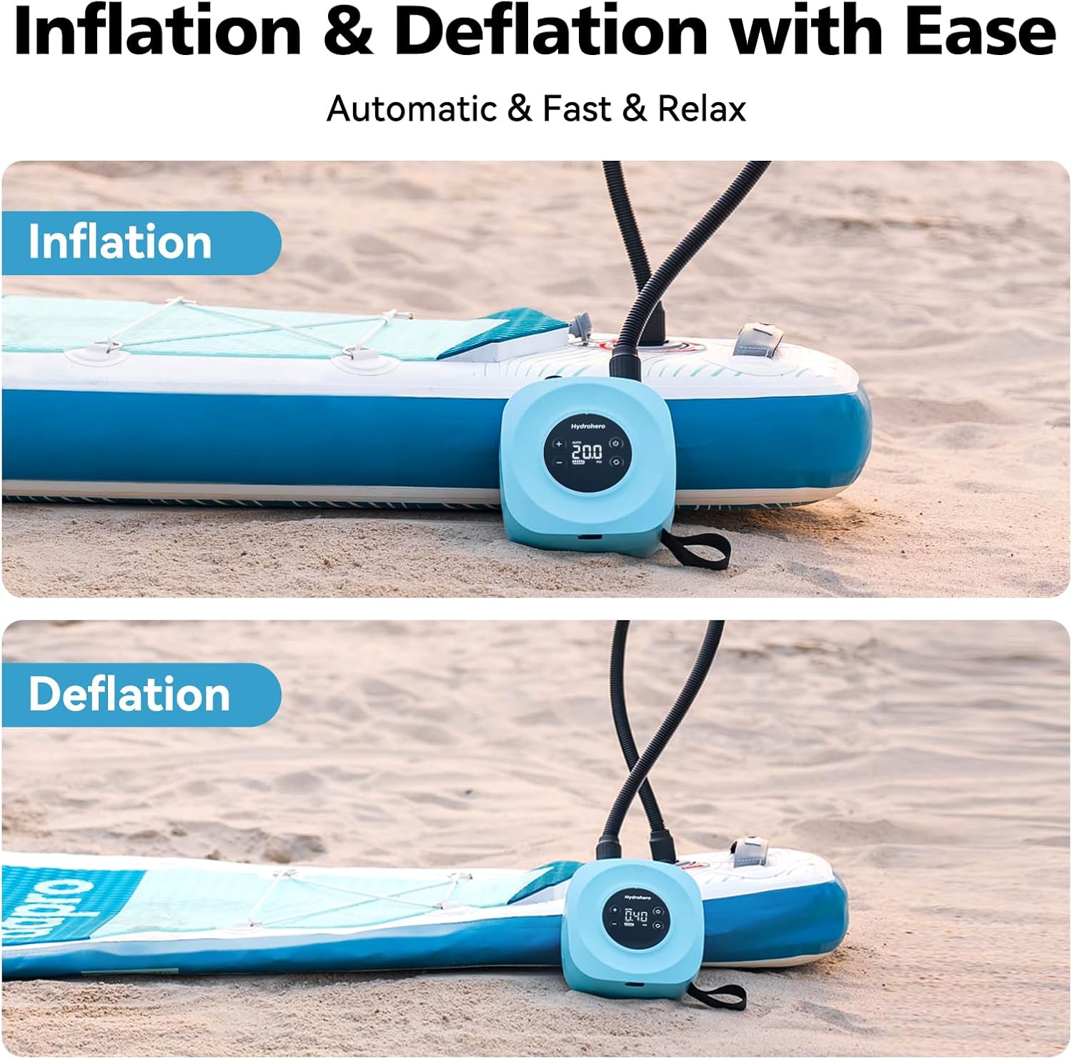 Thumbnail 4 de Hydrohero Electric Paddle Board Pump: Rechargeable 20 PSI Dual-Stage Inflation with Auto-Off