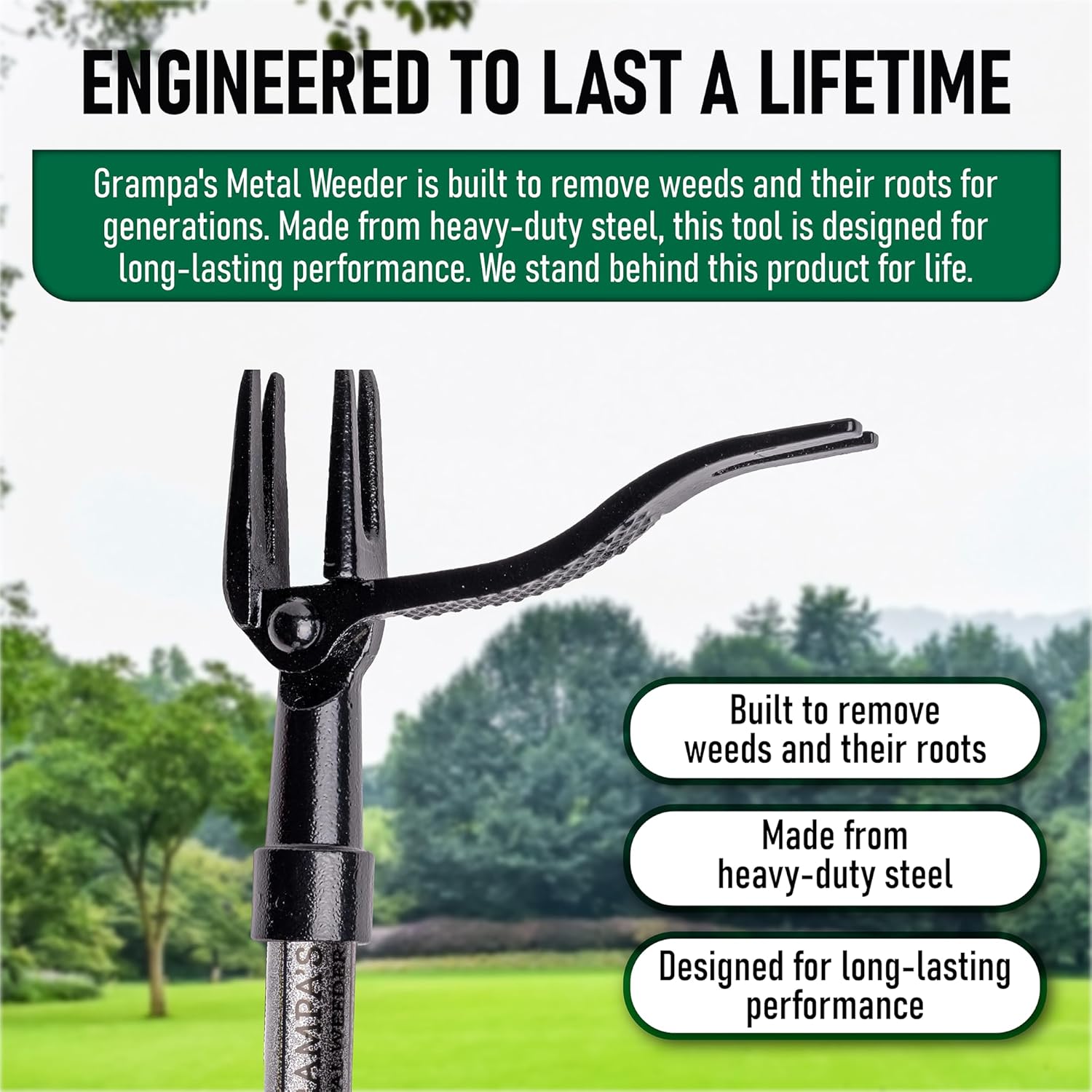 Detalle de Grampa's Weeder Grampa's Metal Weeder Stand-Up Weed Puller Tool (All-Steel, 45-inch handle, 4-claw head)