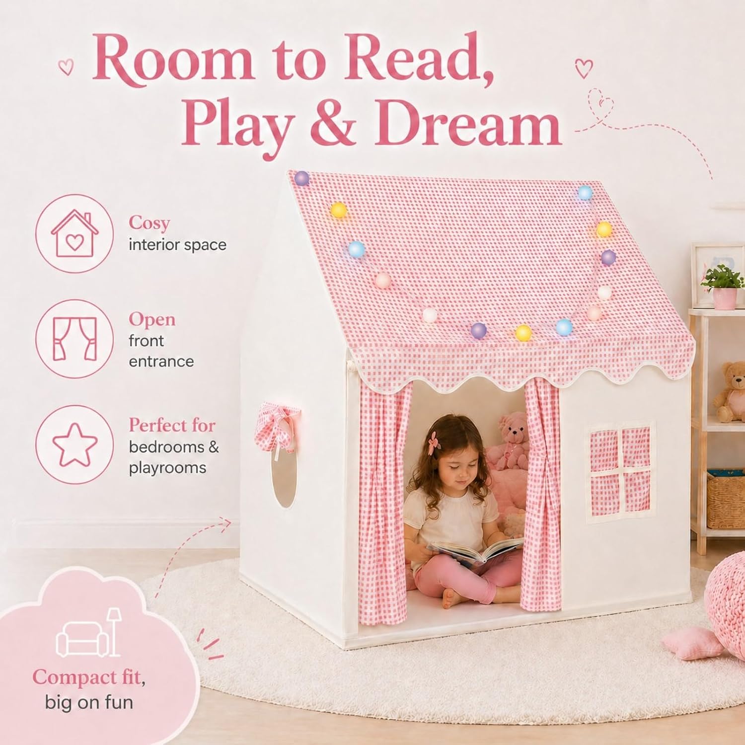 Detalle de ALLmeter BY046 Kids Play Tent with Lights, Pink Polyester and Metal Frame
