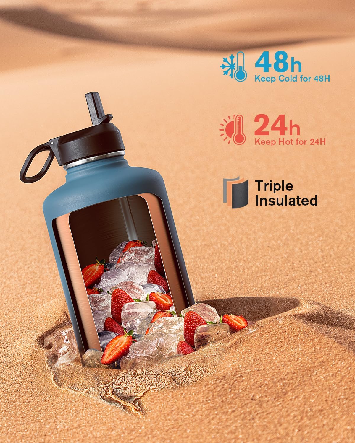 Detalle de Coolflask Long-lasting Insulated Water Bottle, 87 oz, Three Lids, Samurai Cyan