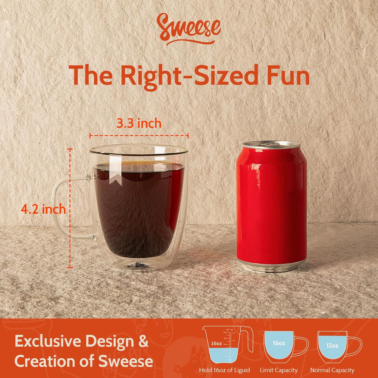 Detalle 2 de Sweese Double-Wall Glass Coffee Mugs, 12.5 oz