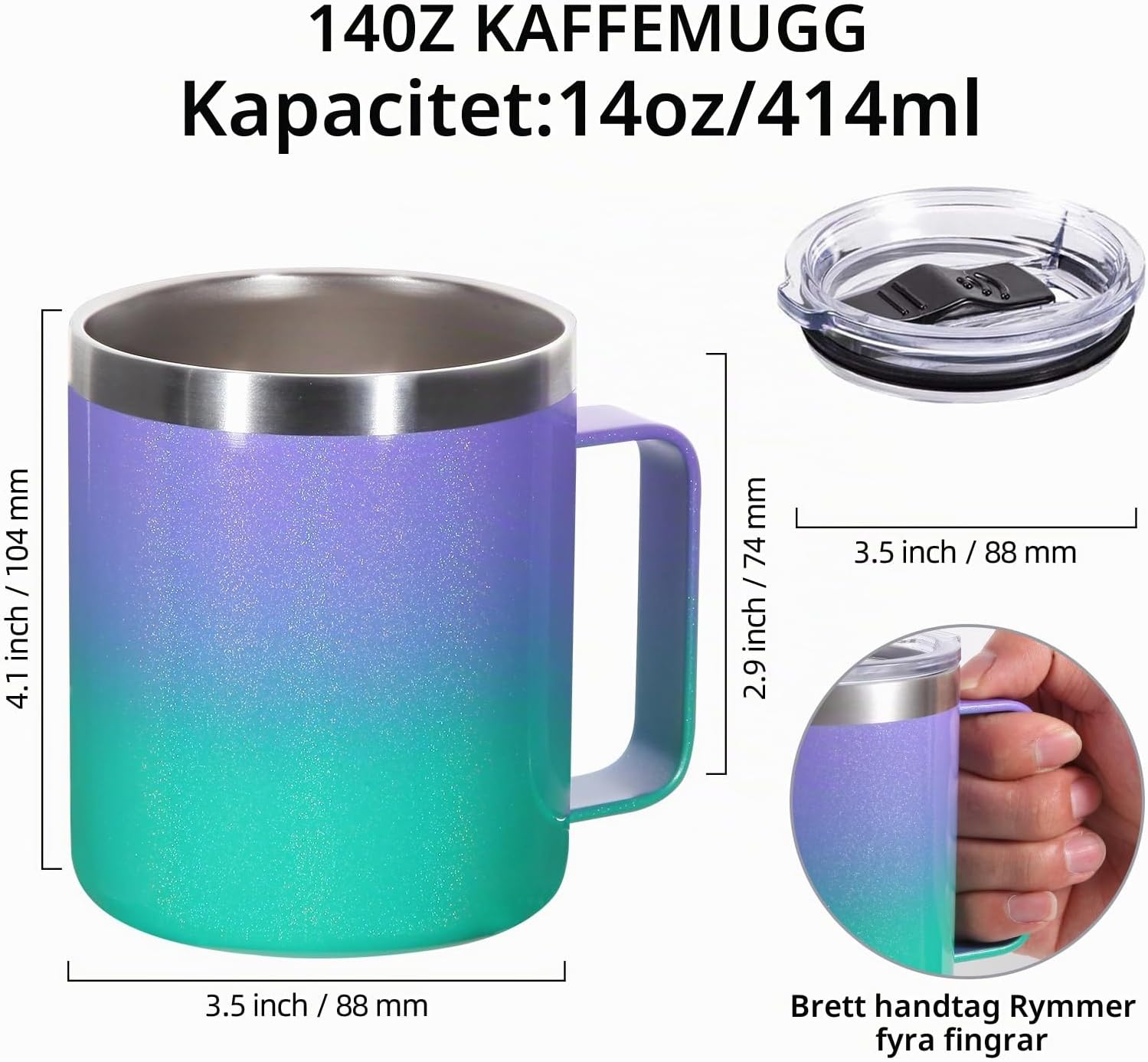 Detalle de Volhoply 14oz isolerad kaffemugg i rostfritt stål, 2-pack
